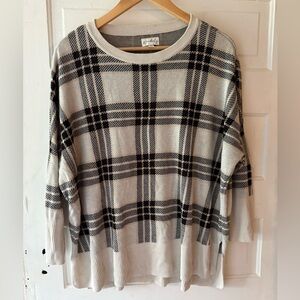 Wonderly 3/4 Sleeve Plaid Sweater - Black and Cream